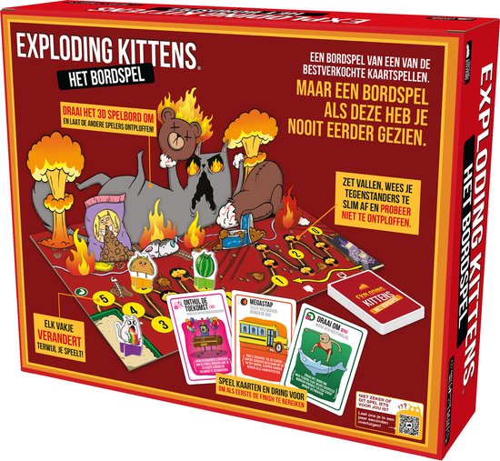 De doos van het bordspel Exploding Kittens toont een cartoonachtige scène van chaos met een kat, vlammen en explosies.