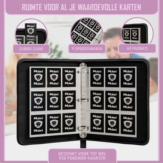 Open map met kaarten, 9 vakken per pagina, 60 pagina's. Geschikt voor 920 Pokemon kaarten.
