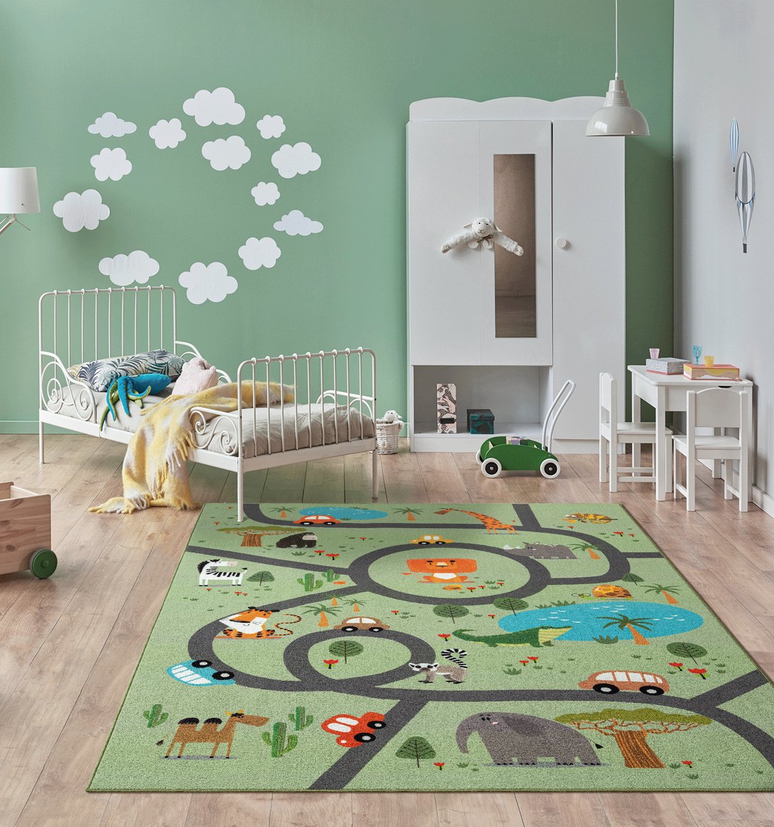 the carpet Happy Life – Kinderkamer Tapijt / Speelkleed – Dieren & Jungle – Groen Safari – 120 x 160 cm