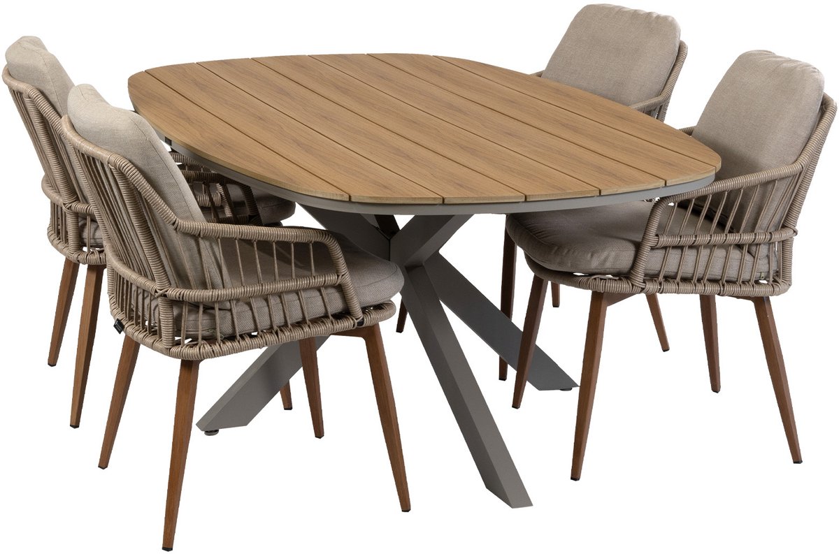 5-delige tuinset | 4 Isabel tuinstoelen (Sand/Wood) | Tuintafel Cadiz 180x115cm (Camel)