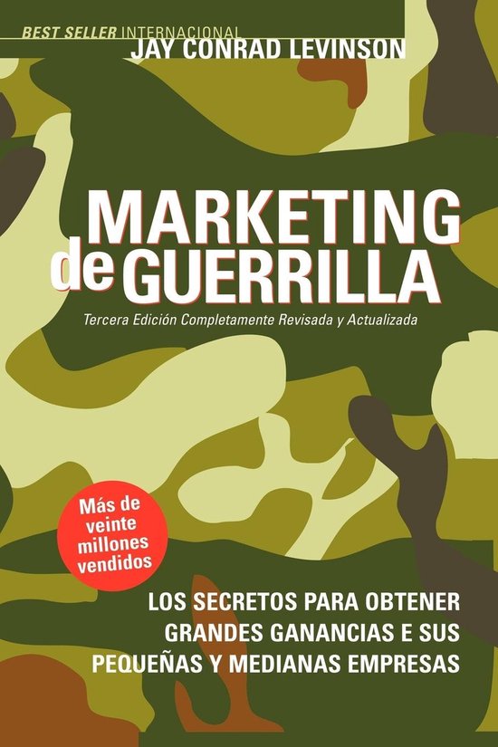 Boekomslag 'Marketing de Guerrilla' met camouflagepatroon en tekst. 'Best Seller Internacional', 'Jay Conrad Levinson'.