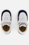 Bovenkant van twee witte leren sneakers met donkerblauwe randen, veters en klittenbandsluitingen. SHOESME op binnenzolen.