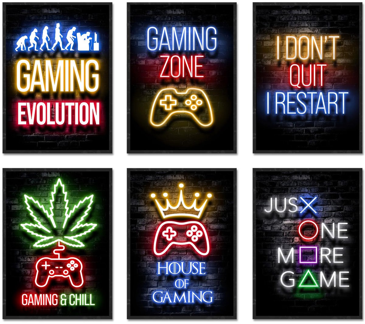 Unyqoos Unieke Gaming Wanddecoratie Set met Neon Motieven voor Gamers en Tienerkamers zwart