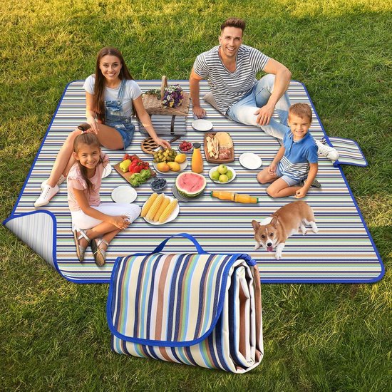 SONGMICS GCM07S Picknickdeken, 200 x 150 cm, grote mat voor camping, park, tuin, tuin, outdoor, met waterdichte achterkant, opvouwbaar, geel en blauw driehoekspatroon