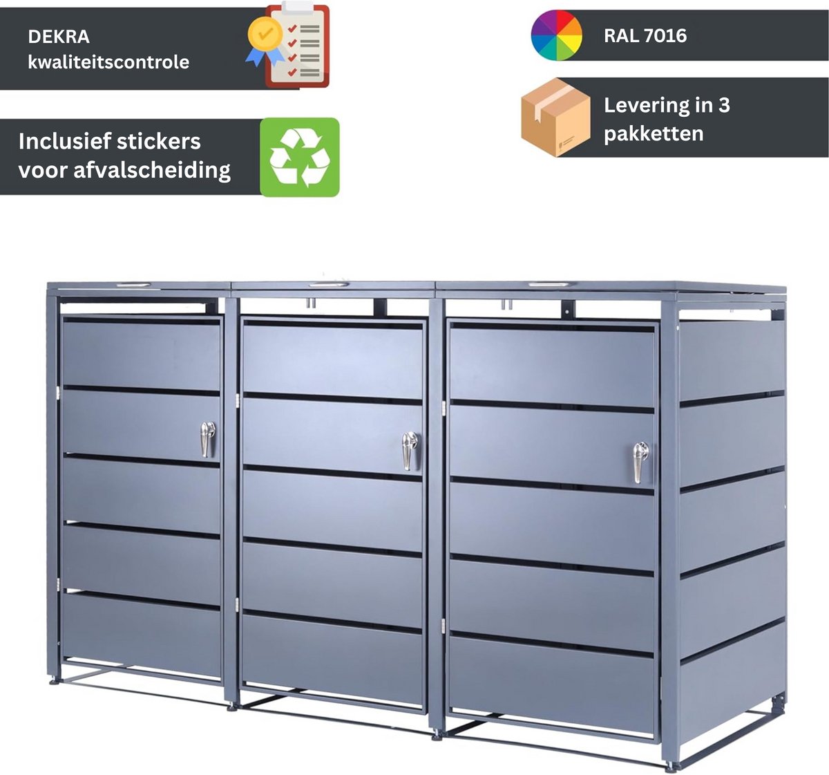 Albatros afvalcontainerbox voor 3 containers | tot 240 liter | antracietgrijs RAL 7016 | verzinkt staal | premium dempers | stickerset | weerbestendig | verstelbare poten | deurklink met slot | tuinbox — afbeelding 4