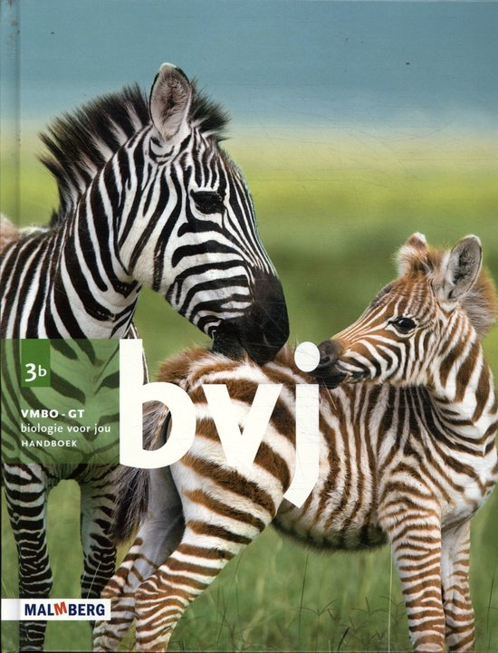 Twee zebra's, een volwassene en een jong, staan in een groen veld. De tekst '3b VMBO-GT Biologie voor jou Handboek' staat op de voorkant.