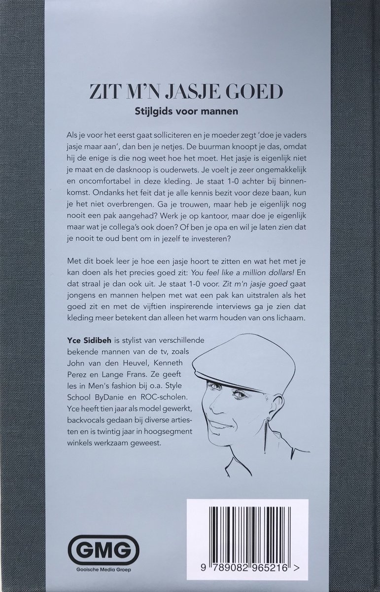Achterkant boek 'Zit m'n jasje goed'. Tekst en een schets van een man. Barcode onderaan.