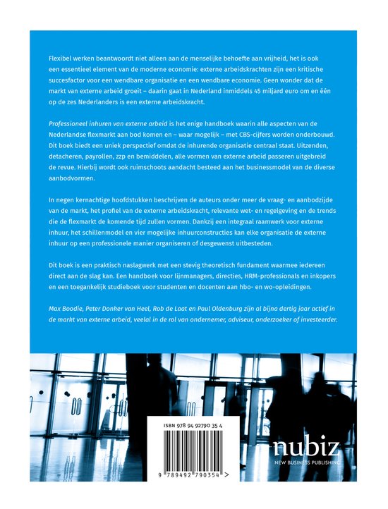 Boek "Professioneel inhuren van externe arbeid" met tekst en afbeelding van een moderne hal.