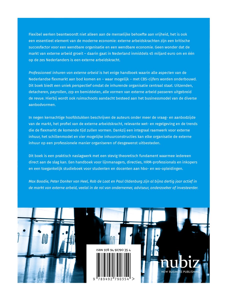 Boek "Professioneel inhuren van externe arbeid" met tekst en afbeelding van een moderne hal.