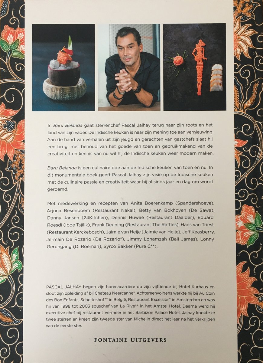 Achterkant boek met recepten en foto's van gerechten, chef Pascal Jalhay en Indische decoraties.