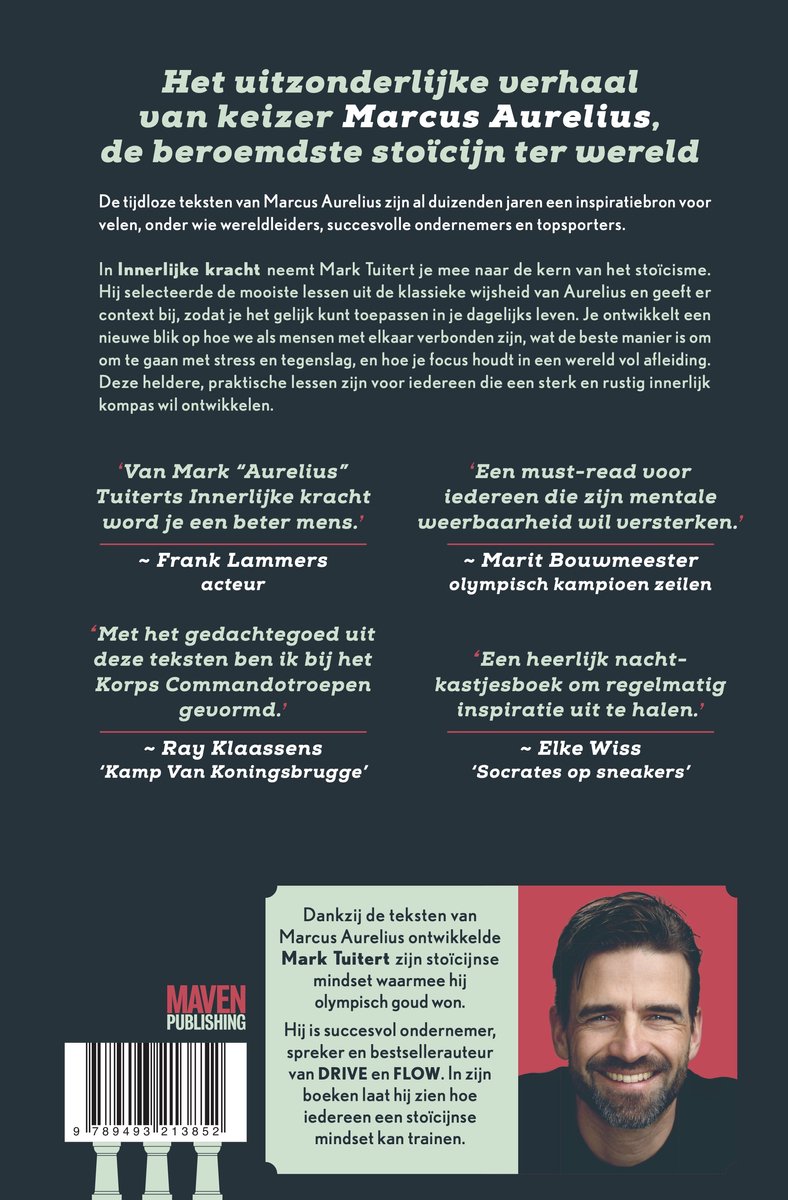 Achterkant van het boek 'Innerlijke Kracht' met een portret van Mark Tuitert en citaten.
