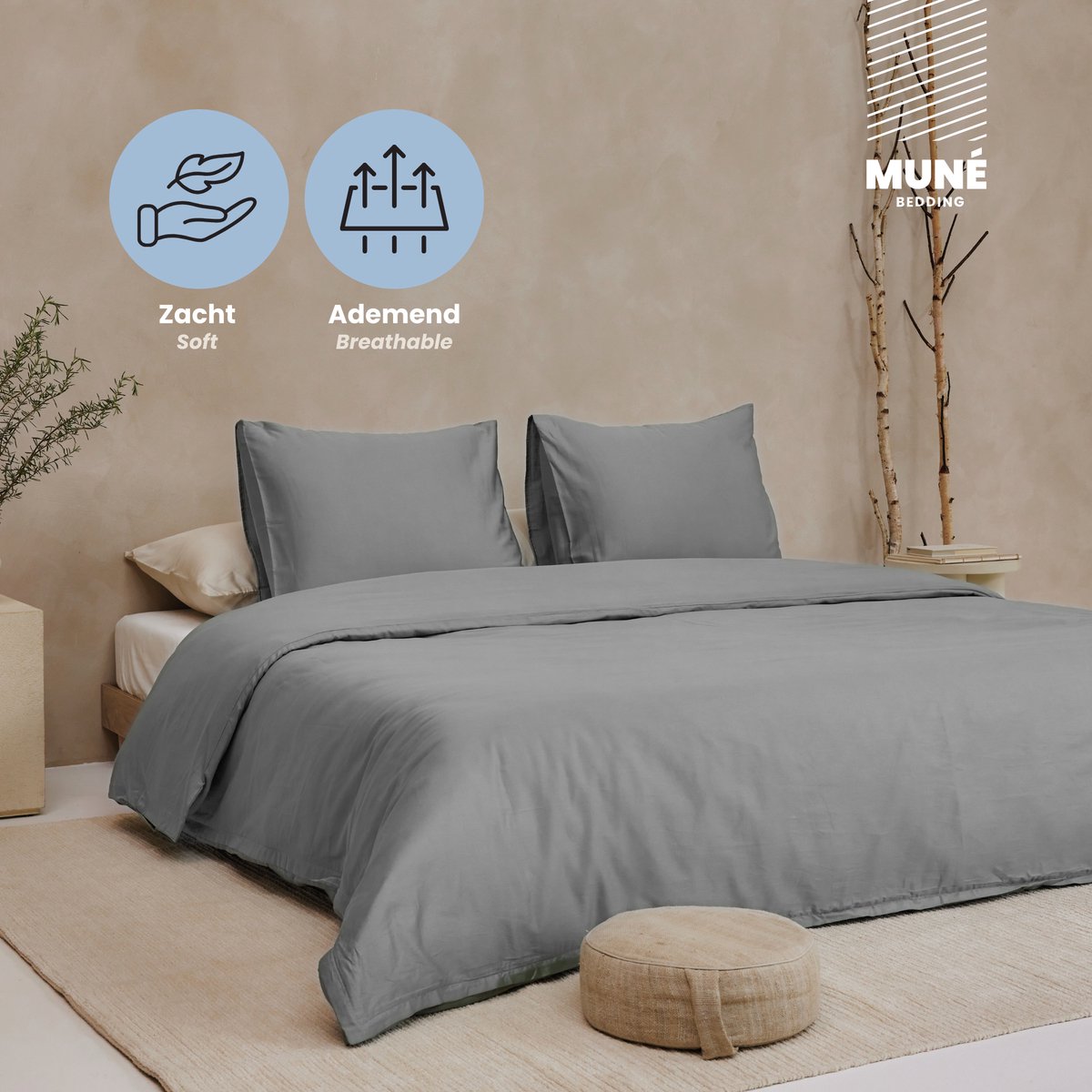 Muné Bedding - Hotelkwaliteit Dekbedovertrek Perkal Katoen 200TC - 260x220 - Inclusief Kussensloop | 3-zijdige Rits - Grijs