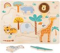 Houten puzzel met safari-thema, waarbij de krokodil en zebra losliggen. De puzzel bevat een leeuw, giraf, olifant, nijlpaard, tijger, slang en regenboog.