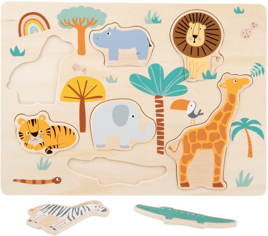 Houten puzzel met safari-thema, waarbij de krokodil en zebra losliggen. De puzzel bevat een leeuw, giraf, olifant, nijlpaard, tijger, slang en regenboog.