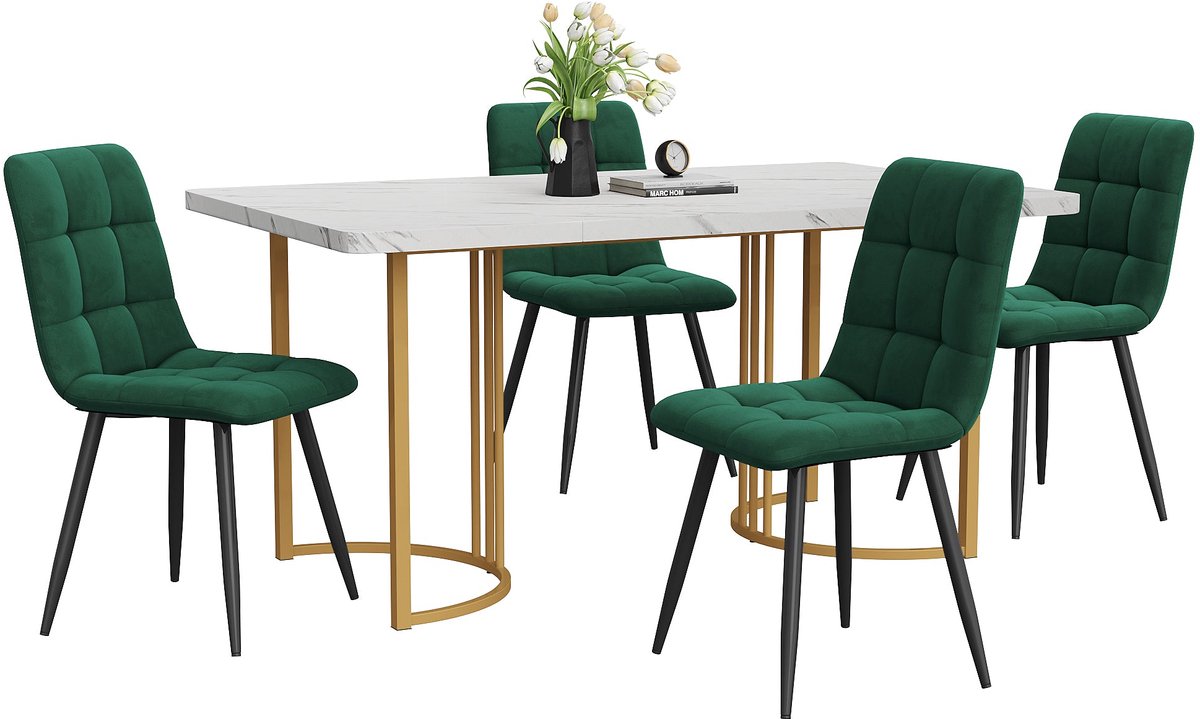 Merax 5-delig Eettafel Set - Moderne Keukentafel 140 x 80 cm met 4 Donkergroene Samt Stoel