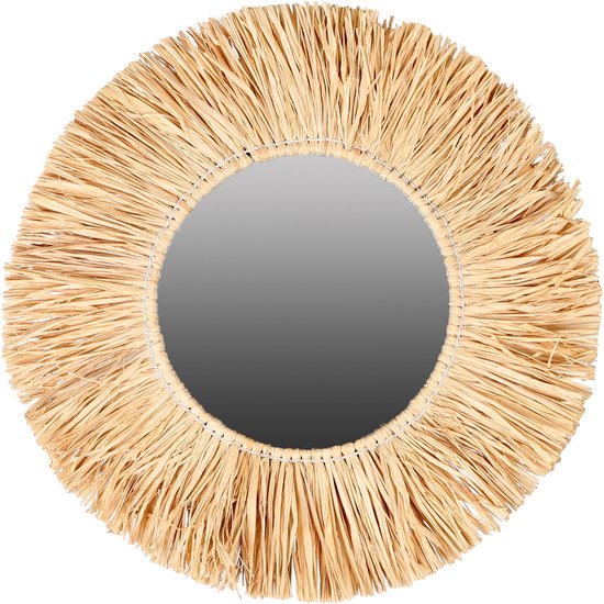 Natural Living Wandspiegel - Boho/ibiza stijl - bloemdesign - raffia - lichtbruin - rond - 46 cm
