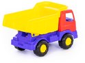 Gele kiepwagen met rode cabine, paarse onderkant en blauwe stoelen. Zwarte wielen met gele doppen.