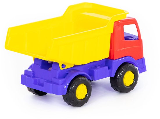 Gele kiepwagen met rode cabine, paarse onderkant en blauwe stoelen. Zwarte wielen met gele doppen.