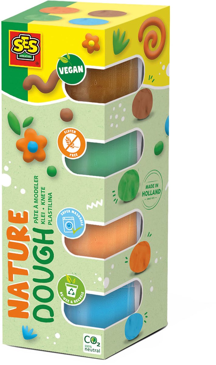 SES - Feel good klei - Nature (4x90gr) - vegan en glutenvrij - herbruikbare potjes - uitwasbaar - zachte, heldere klei