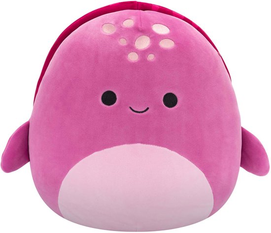 Roze zeeschildpad knuffel met lichtroze buik en stippen op de kop.