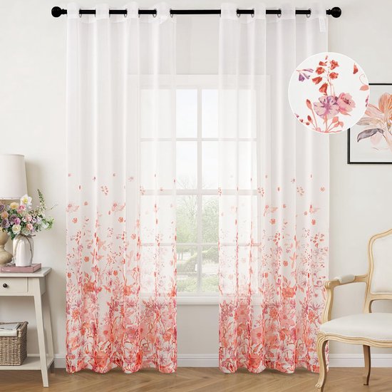 Rideaux en voile Boraboi ® Woaboy avec anneaux perforés, rideau en filet transparent pour chambre et salon, lot de 2 rideaux, 140 x 225 cm (l x h), rose