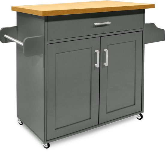 Îlots de cuisine mobiles, desserte avec étagère à épices, porte-serviettes et tiroir, desserte sur roulettes, meuble de cuisine avec plan de travail, bois, desserte, desserte de service, 115 x 36 x 90 cm, Grijs