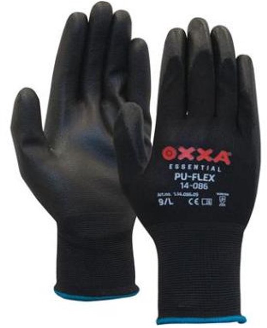 Zwarte PU-FLEX werkhandschoenen van Oxxa met blauwe boord. Maat 9/L.