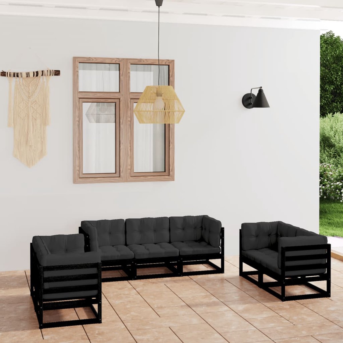 The Living Store 7-delige Loungeset met kussens massief grenenhout - Tuinmeubel - Lounge Set - Houten Bank - Zwarte Loungebank - Buitendecor