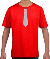 Rood fun t-shirt met stropdas in glitter zilver kinderen - feest shirt voor kids 122/128