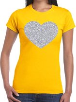 Zilveren hart glitter t-shirt geel dames L