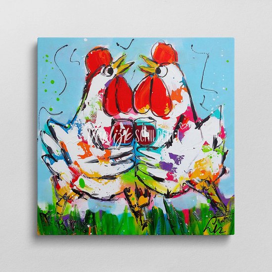 De prostende kippen | Vrolijk Schilderij | 60x60cm | Dikte 4 cm | Canvas schilderijen woonkamer | Wanddecoratie | Schilderij op canvas | Kunst | Corrie Leushuis