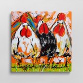 De haan en 2 kippen | Vrolijk Schilderij | 60x60cm | Dikte 4 cm | Canvas schilderijen woonkamer | Wanddecoratie | Schilderij op canvas | Kunst | Corrie Leushuis