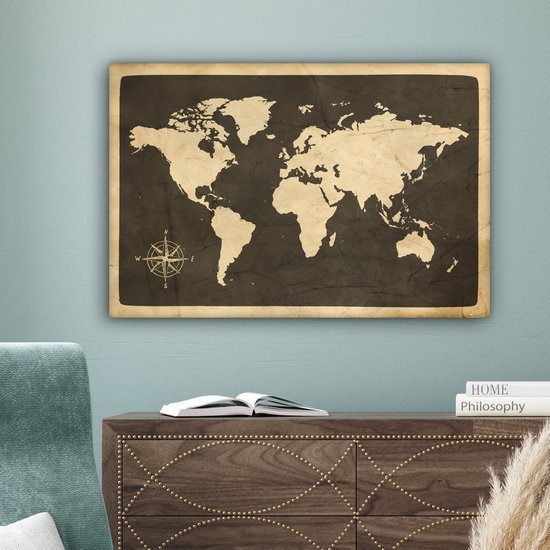 Peintures sur toile Wereldkaart - Rose des vents - Vintage - 150x100 cm - Décoration murale
