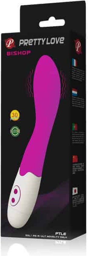 Vibrateur Pretty Love BISHOP violet avec partie inférieure blanche, dans son emballage avec logo et informations produit.