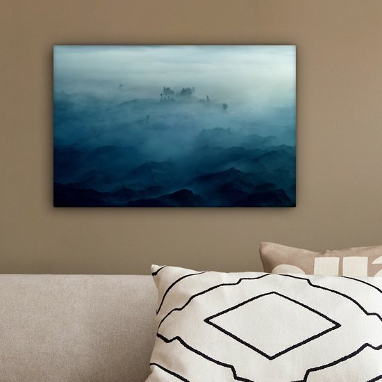 Peinture sur toile - Brume - Arbres - Berg - Blauw - Canvasdoek - Photo sur toile - 30x20 cm - Peintures sur toile