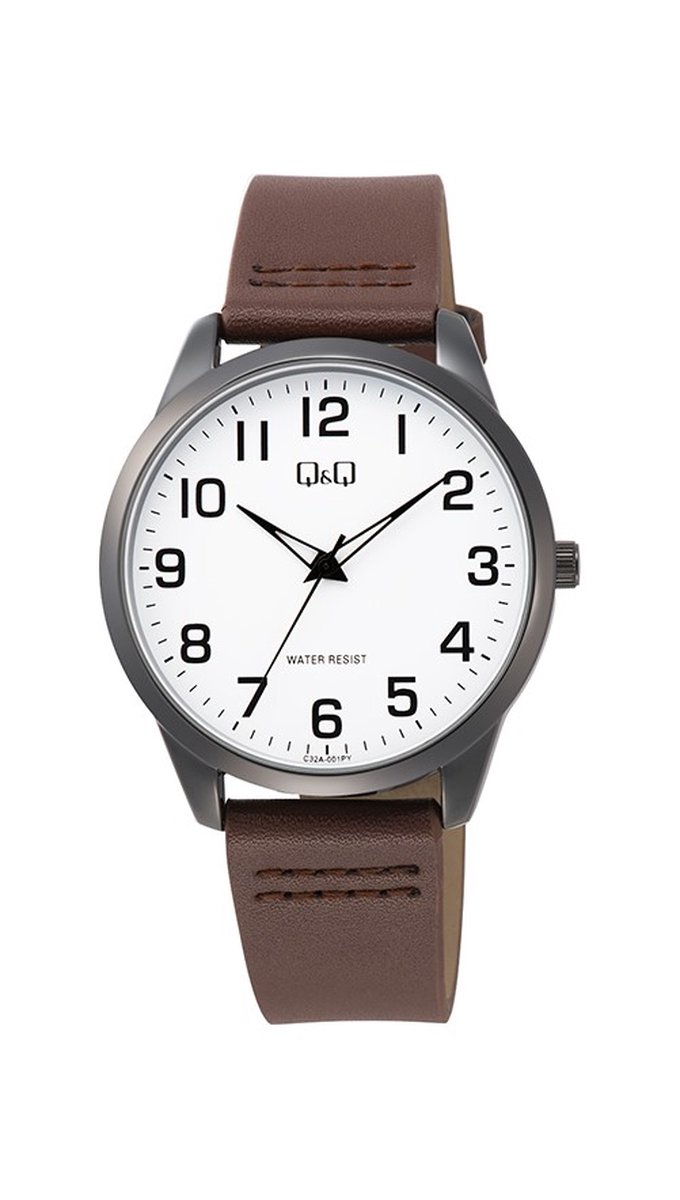 QQ C32A-001PY - Horloge - Analoog - Heren - Mannen - Leren band - Rond - Metaal - Bruin - Zwart - Wit