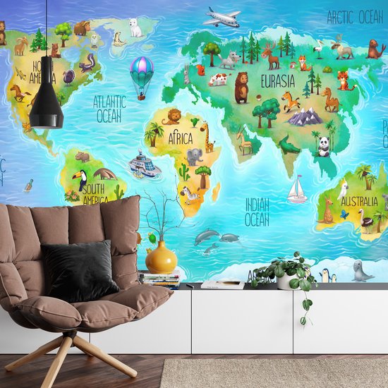 Fotobehang Wereldkaart Met Fauna