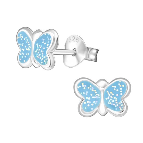 Boucles d'oreilles fille | Boucles d'oreilles enfant | Clous d'oreilles en argent, papillon avec paillettes