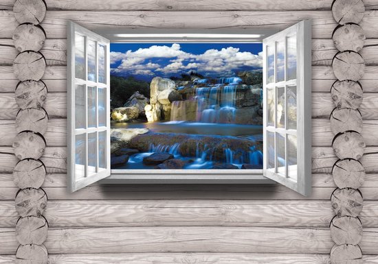 Foto: Fotobehang vlies behang blauwe waterval door het raam 3d 312 x 219 cm