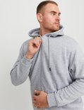 Man sluit een lichtgrijs vest met rits en capuchon.