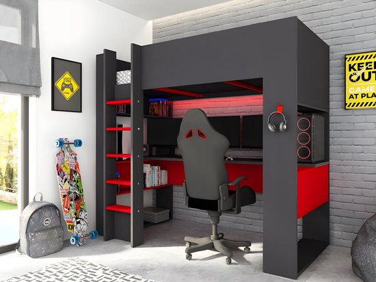 Hoogslaper gamer NOAH met bureau en opbergruimtes - 90 x 200 cm - met LED's - Antraciet en rood + matras L 206 cm x H 183 cm x D 110 cm