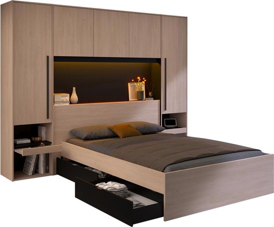Bed met opbergruimte 140 x 190 cm - Met LED's - Kleur: naturel en zwart - VELONA L 265.2 cm x H 202.8 cm x D 233 cm