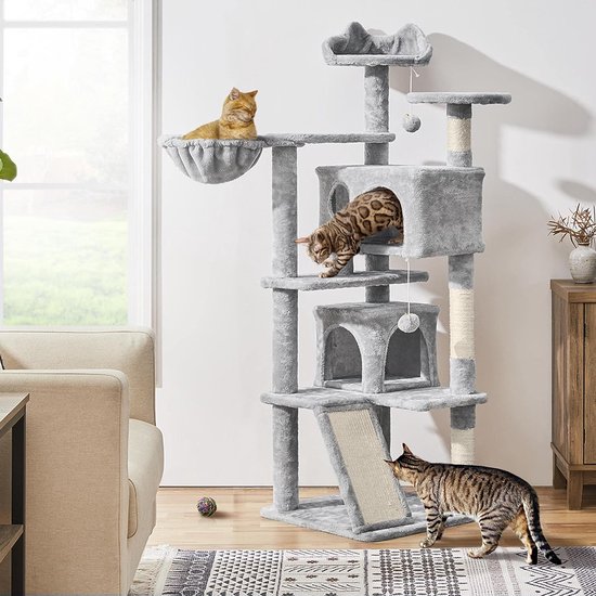 Yaheetech Kattenkrabpaal – Stabiele Klimboom Met Sisalstammen, Pluche Ligbed En Hol, Lichtgrijs – Voor Katten En Kleine Rassen