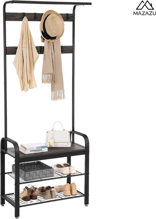 Relaxdays Garderoberek Metaal Houtlook - Kledingrek Met Plank 141x56x45 Cm Zwart/Natuur