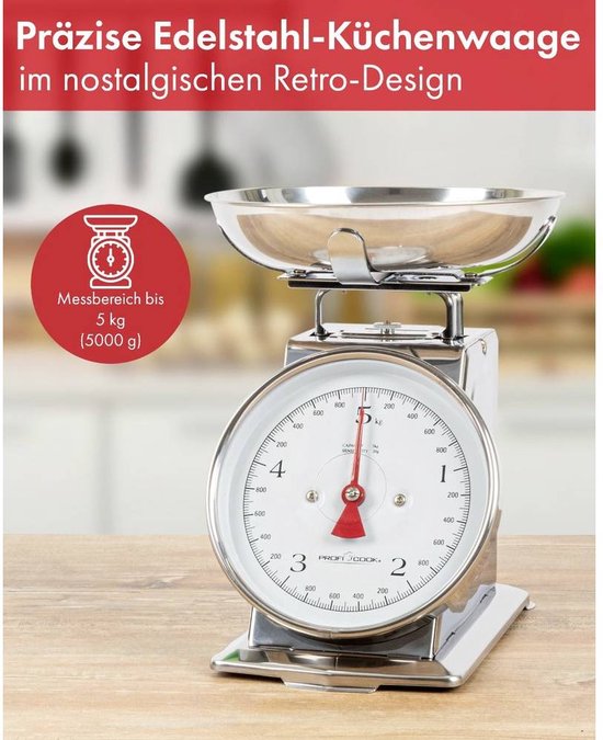 Zilverkleurige retro keukenweegschaal met een grote RVS schaal, witte wijzerplaat, rode wijzer, en een weegbereik van 5 kg.