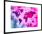 Fotolijst incl. Poster - Wereldkaart - Blauw - Roze - 120x80 cm - Posterlijst