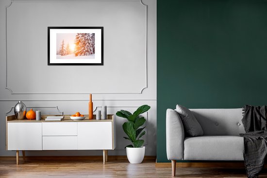 Cadre photo avec affiche - Soleil - Arbres - Neige - 60x40 cm - Cadre pour affiche - Décorations de Noël - Décoration de Noël pour l'intérieur - Noël