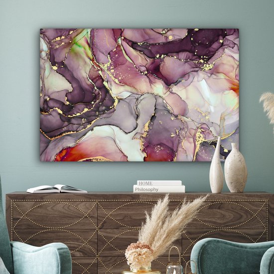 Tableau sur toile Marbre - Rouge - Violet - Or - 140x90 cm - Décoration murale