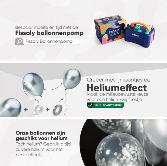 Fissaly ballonpomp en doos, instructies voor heliumballonnen met lijmpunten, en tekst over helium.