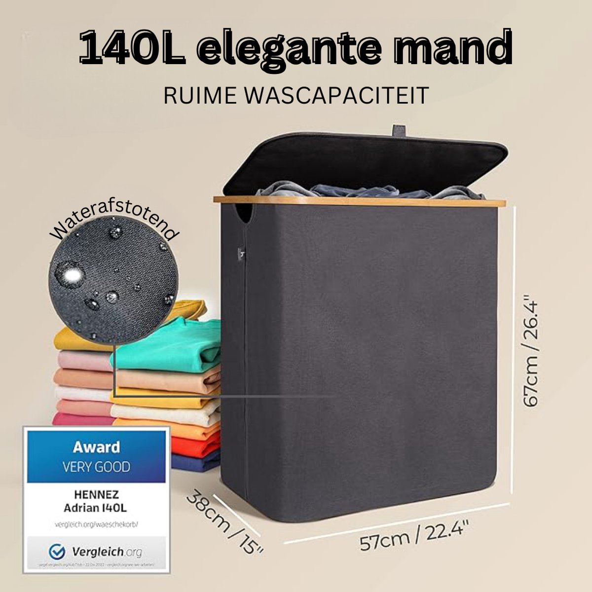 HENNEZ Grote Wasmand met Deksel, 2 Vakken | 140L Waszak | Wasmand voor Badkamer en Slaapkamer | Moderne Wasverzamelaar met Handvatten | Opvouwbare Wasmand met Bamboe Applicatie - Zwart
